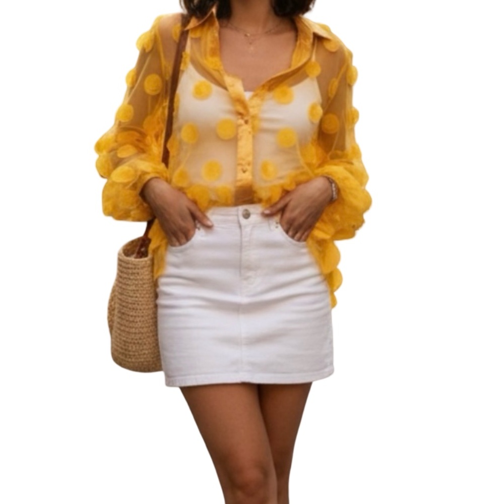 #A070   N by Nancy  Yellow sheer mesh Blouse Floral Appliques, pearls NWT  L